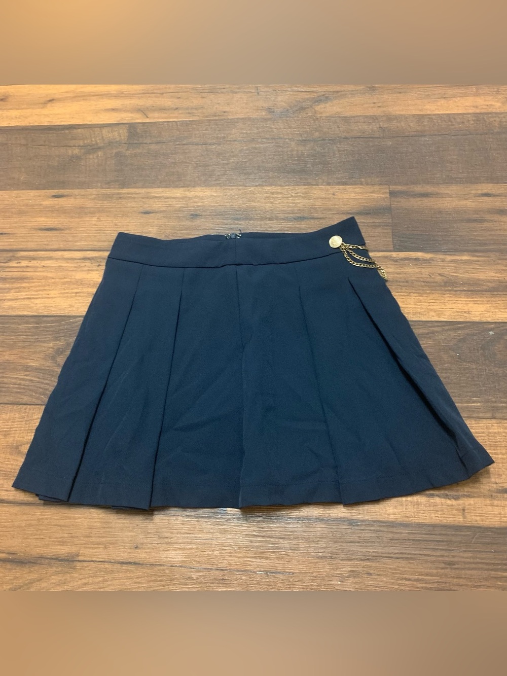 AQUA Navy Blue Pleated Mini Skirt Womens L Pleated Schoolgirl Short Skirt Chain